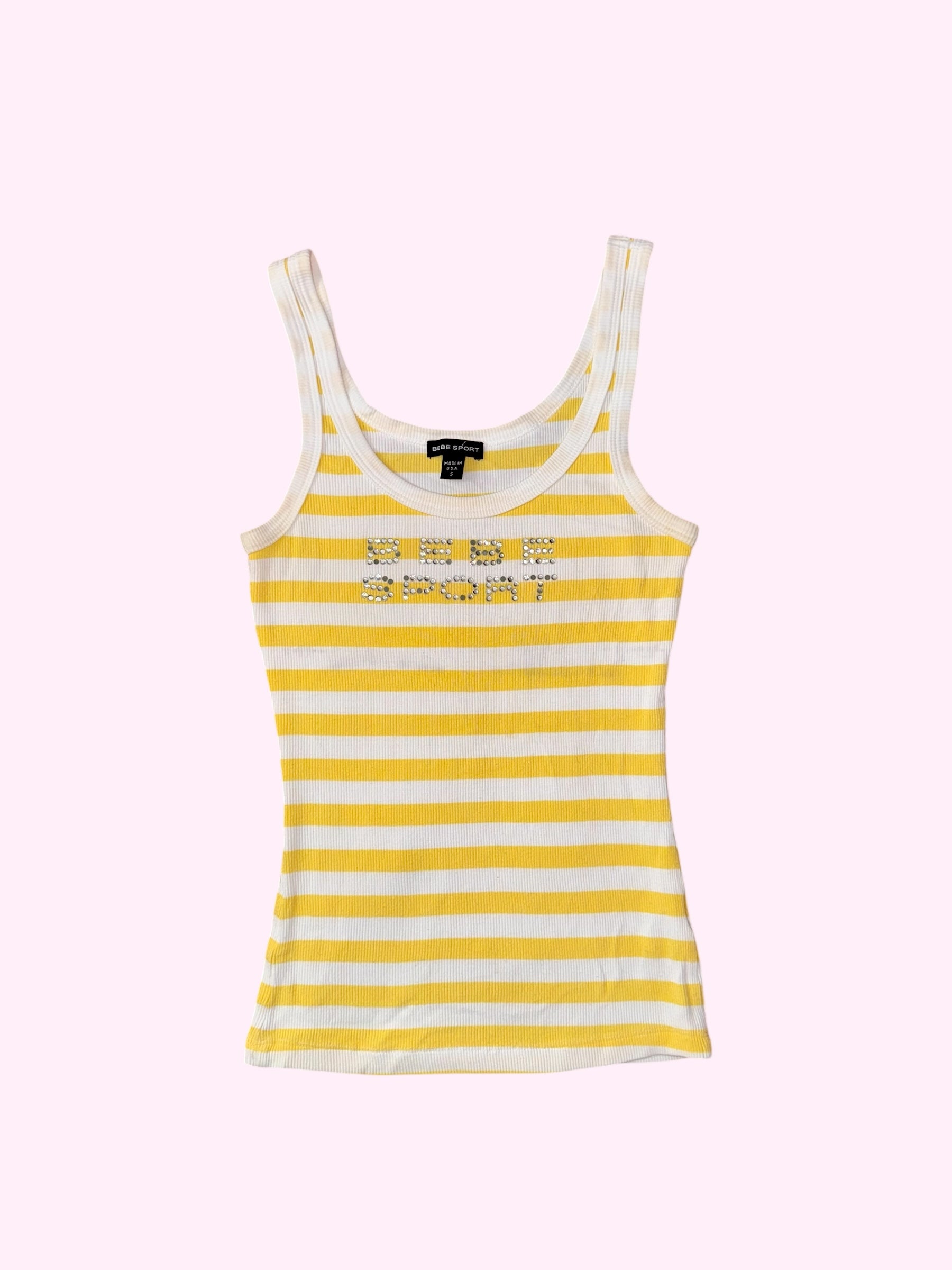 Bebe White and Yellow Striped Ribbed Tank Top XS