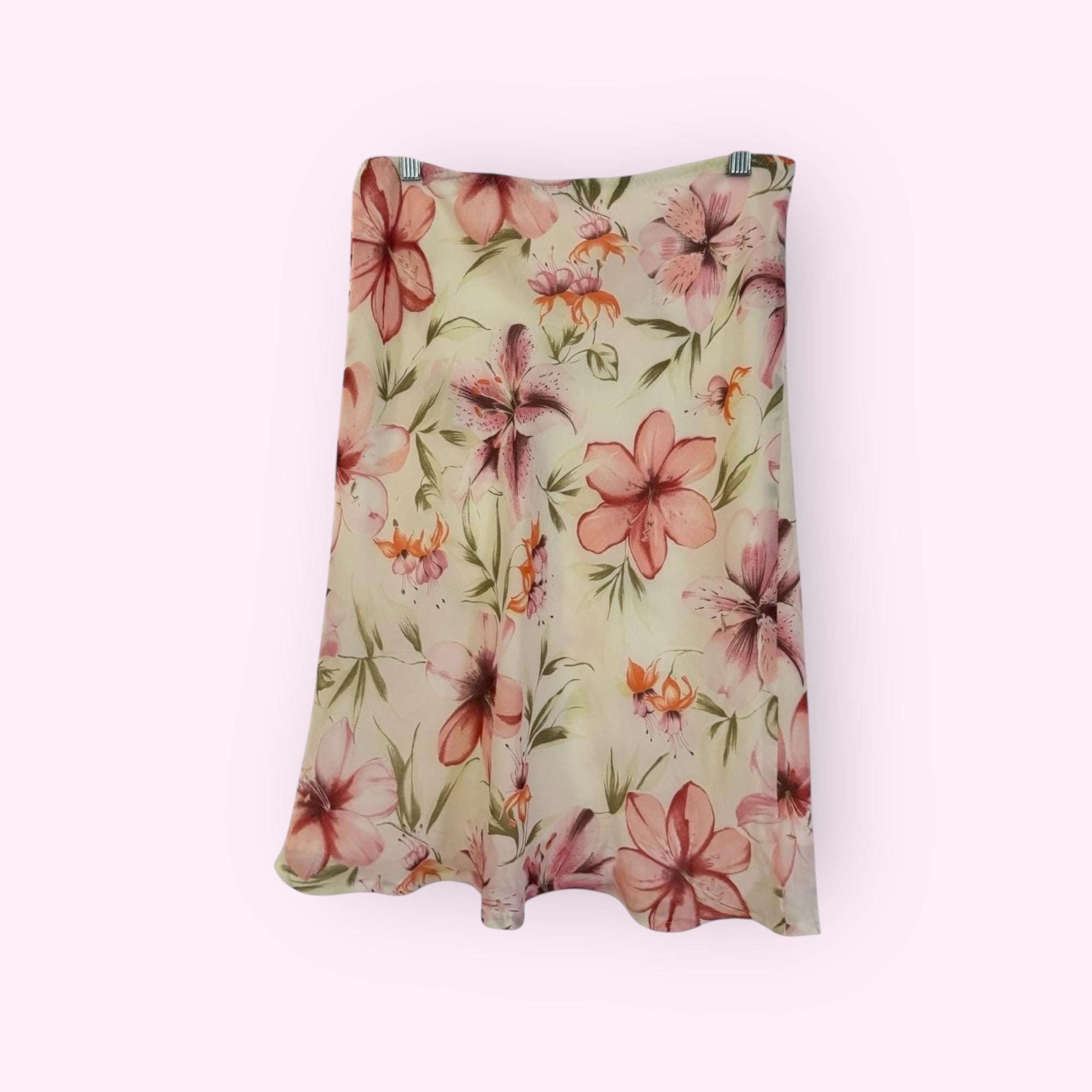Pink and Cream Floral Midi Skirt M