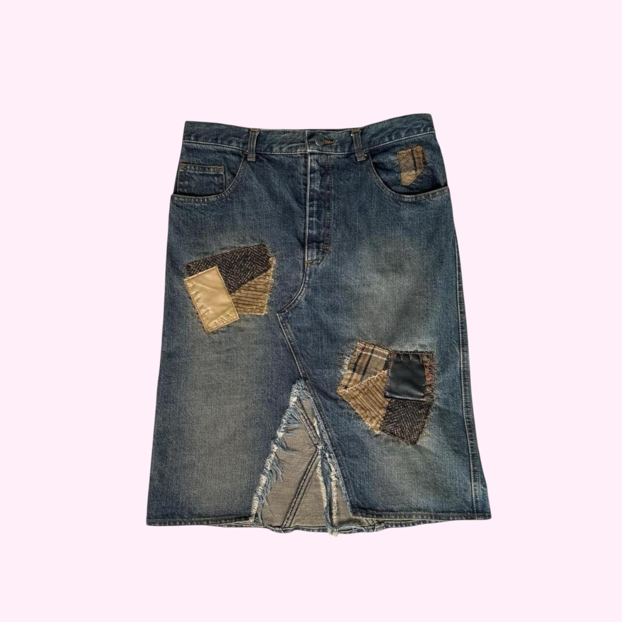 Blue Patchwork Denim Midi Skirt XS