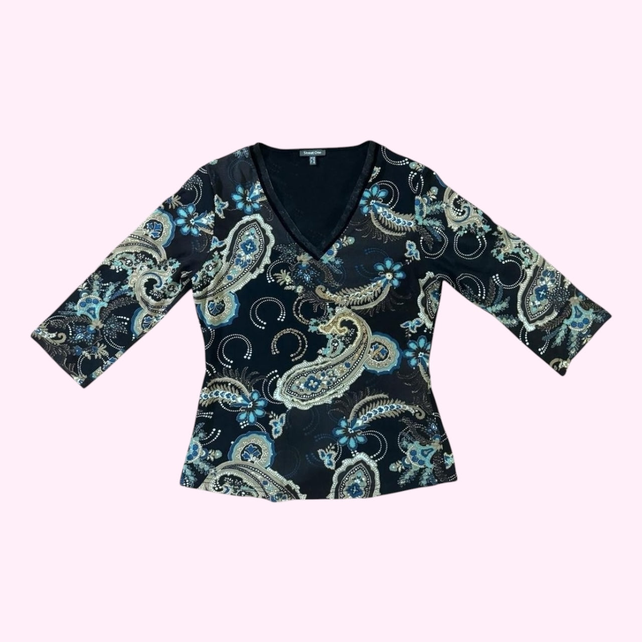 Brown Paisley Print 3/4 Sleeve Mesh Top