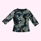 Brown Paisley Print 3/4 Sleeve Mesh Top