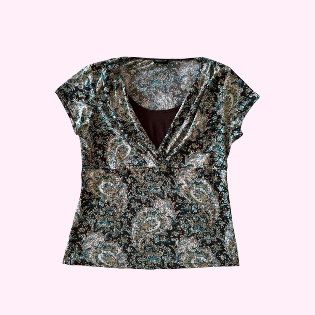 Blue and Brown Paisley Print Short Sleeve Top