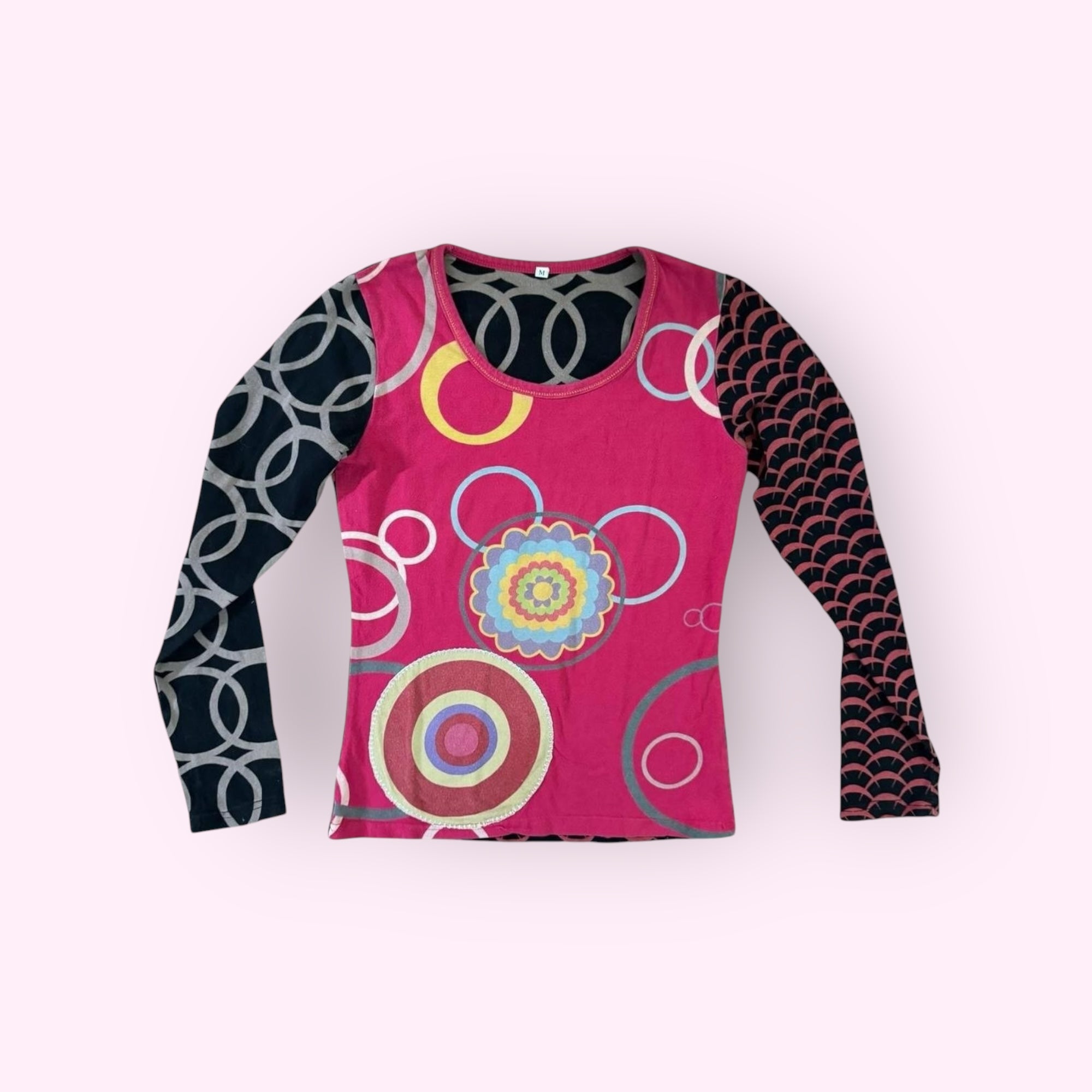 Black and Pink Retro Patchwork Long Sleeve Top M