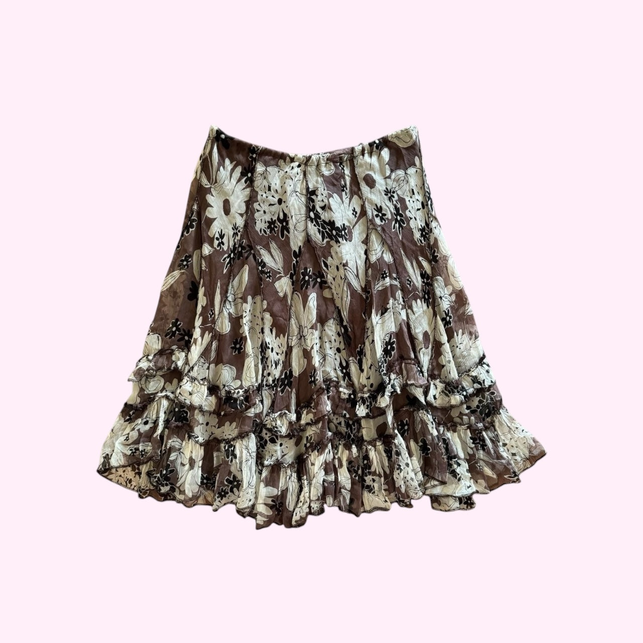 Brown Floral Pattern Design Print Midi Skirt XS